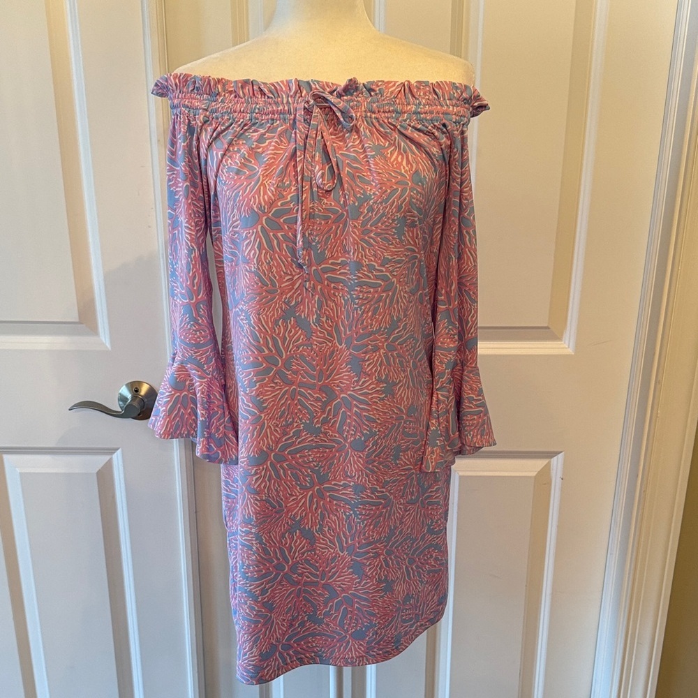 La Mer Luxe Off-Shoulder Tropical Pink, Blue and White Dress